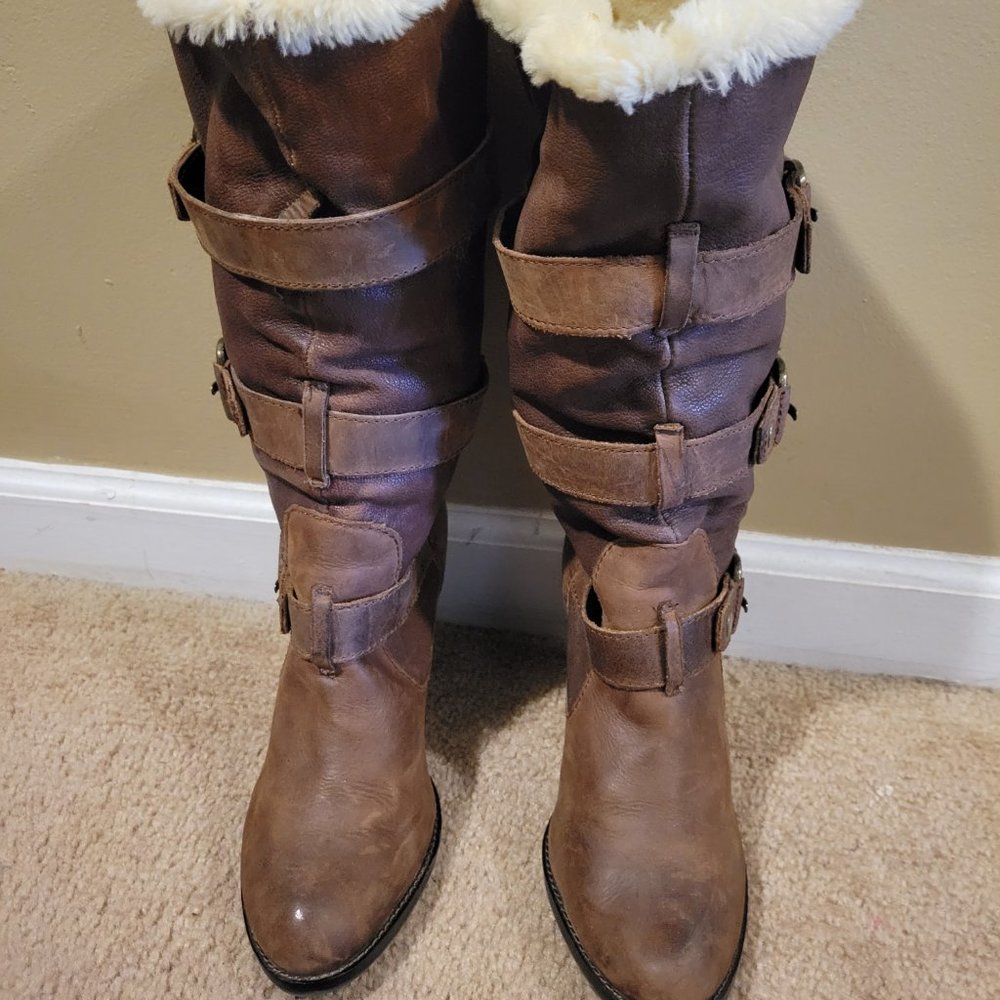 Gianni Bini Leather Faux Fur Lined tall boots, Sherpa Lined 13 Inch.